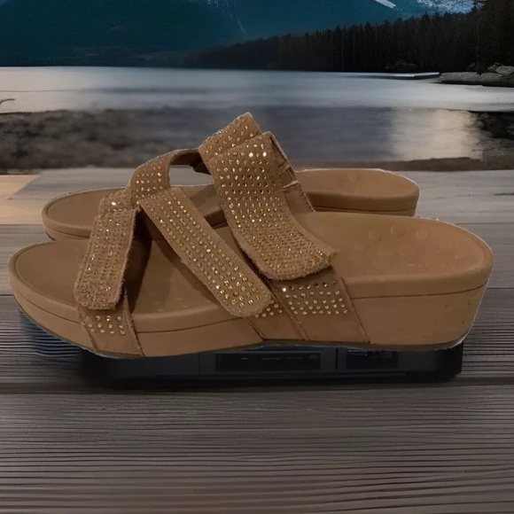 Vionic Shoes - Vionic Alexis Sandals Womens 10 Tan Rhinestone Slip on Comfort Adjustable Suede